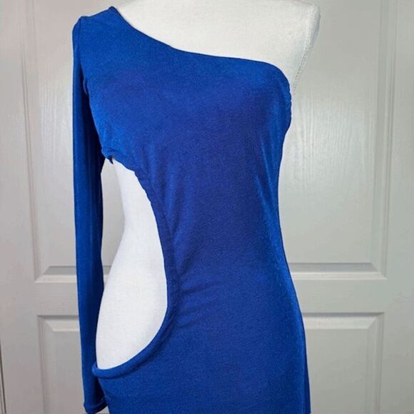 JLUXLABEL Shimmery Blue One Shoulder Cut Out Body Con Midi Sexy Dress Size Large - Picture 2 of 10